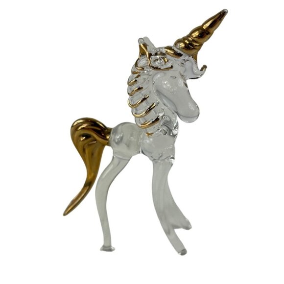Clear Glass Unicorn, Gold Accents, Fantasy Horse Figurine 4" - Picture 4 of 8